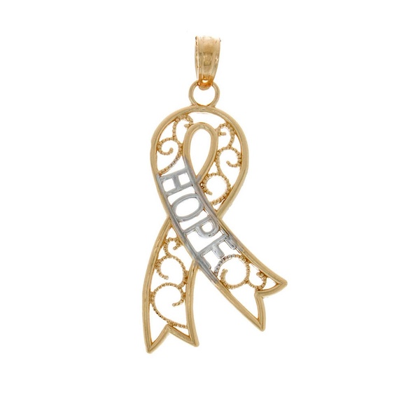 14k Two-Tone Yellow with White Rhodium Gold Filigree Hope Ribbon Necklace Charm - Picture 9 of 9